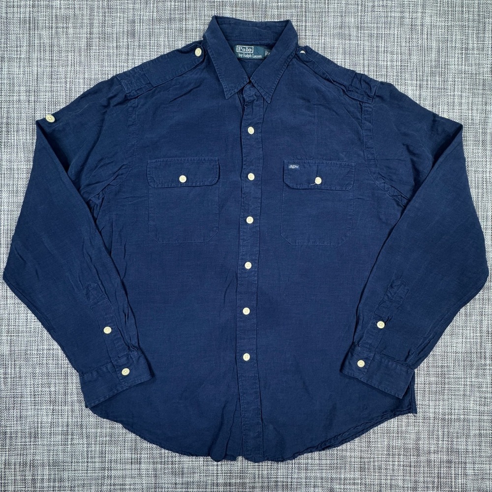 Polo Ralph Lauren Mens XL Navy Linen Silk Military Epaulet Flap Pocket Shirt